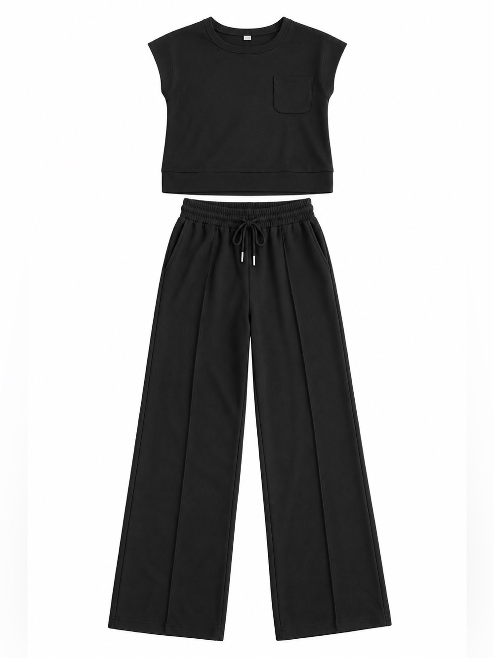 Black Tank Top and Wide-Leg Drawstring Pants - Women